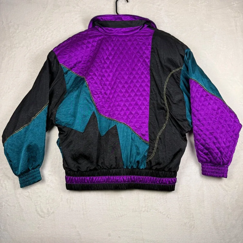 Vintage 80s Colorblock Windbreaker Jacket Purple Teal Black Medium‎